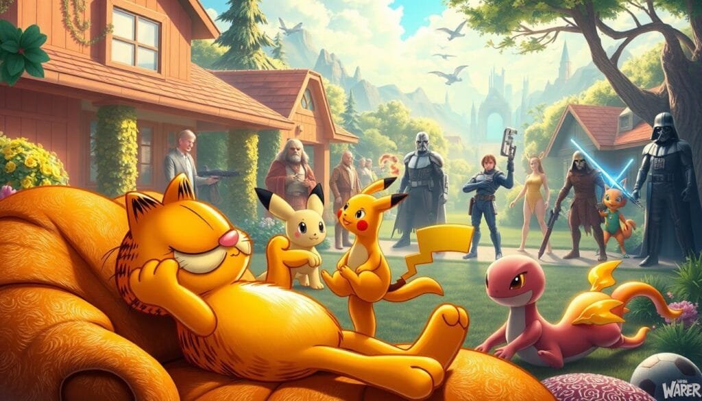 A lush, vibrant crossover scene featuring Garfield the cat interacting with characters from other beloved franchises. In the foreground, Garfield lounges comfortably, his orange fur gleaming in warm, soft lighting, as he engages in a playful exchange with a Pokémon such as Pikachu or Charmander. In the middle ground, iconic characters from Star Wars, Marvel, or other pop culture universes mingle, creating a dynamic and imaginative tableau. The background showcases a fantastical, dreamlike environment, blending elements from Garfield's suburban setting with fantastical landscapes or cityscapes from the intersecting franchises. The overall mood is one of whimsical, good-natured crossover, inviting the viewer to imagine the endless possibilities when beloved characters and worlds collide.