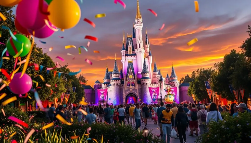A magical Disney event in a lush, dreamy setting. In the foreground, colorful balloons and confetti float on a gentle breeze, creating a festive atmosphere. In the middle ground, a crowd of Disney characters - Mickey, Minnie, Donald, Daisy, and more - gather around a grand celebration stage, adorned with sparkling lights and intricate Disney-themed decorations. In the background, a captivating Disney castle stands tall, its turrets and spires reaching towards a warm, golden-hued sky. The scene is bathed in soft, cinematic lighting, evoking a sense of wonder and enchantment. The overall mood is one of pure Disney magic, perfect for an article on the best Disney-inspired prompts.