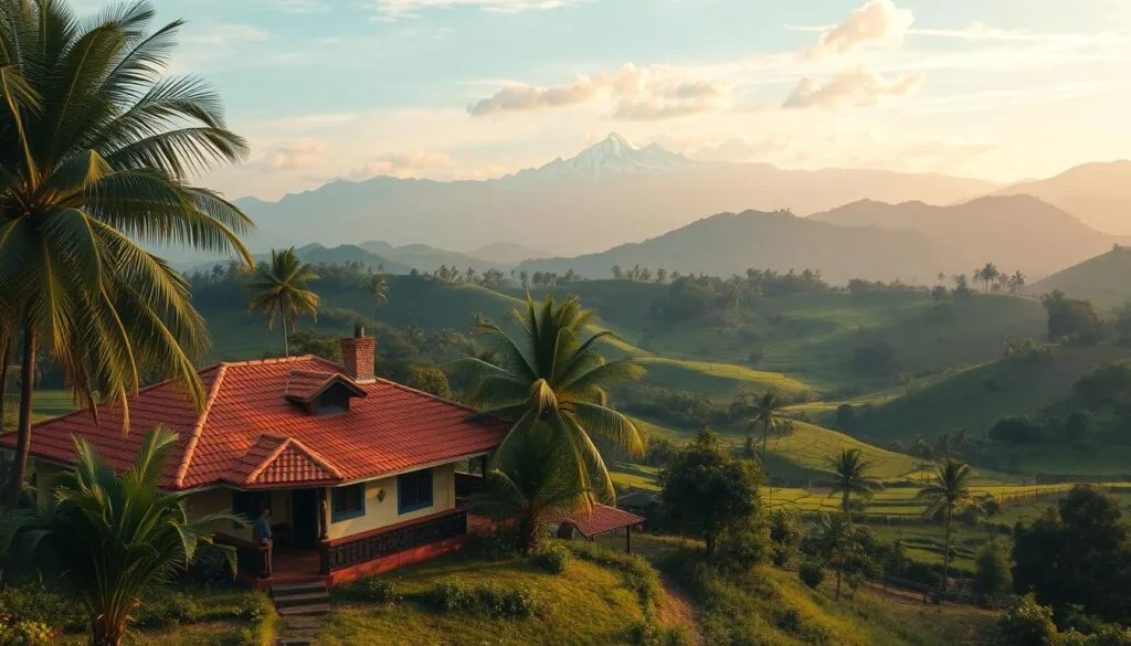A magical realist landscape in the heart of Colombia's lush, verdant countryside. In the foreground, a vibrant, traditional casa de bahareque with its warm, terracotta roof tiles and vibrant, colorful facades. Surrounded by towering, verdant palm trees swaying gently in the breeze. In the middle ground, rolling hills blanketed in a patchwork of emerald green fields, dotted with clusters of colorful wildflowers. In the distance, a range of majestic, snow-capped Andean peaks piercing the sky, bathed in warm, golden light. The scene imbued with a sense of whimsy, wonder and timeless, enchanted tranquility. Captured through the lens of a wide-angle, cinematic perspective, with soft, diffused lighting and a dreamlike, mystical mood. A magical realist landscape in the heart of Colombia's lush, verdant countryside. In the foreground, a vibrant, traditional casa de bahareque with its warm, terracotta roof tiles and vibrant, colorful facades. Surrounded by towering, verdant palm trees swaying gently in the breeze. In the middle ground, rolling hills blanketed in a patchwork of emerald green fields, dotted with clusters of colorful wildflowers. In the distance, a range of majestic, snow-capped Andean peaks piercing the sky, bathed in warm, golden light. The scene imbued with a sense of whimsy, wonder and timeless, enchanted tranquility. Captured through the lens of a wide-angle, cinematic perspective, with soft, diffused lighting and a dreamlike, mystical mood.