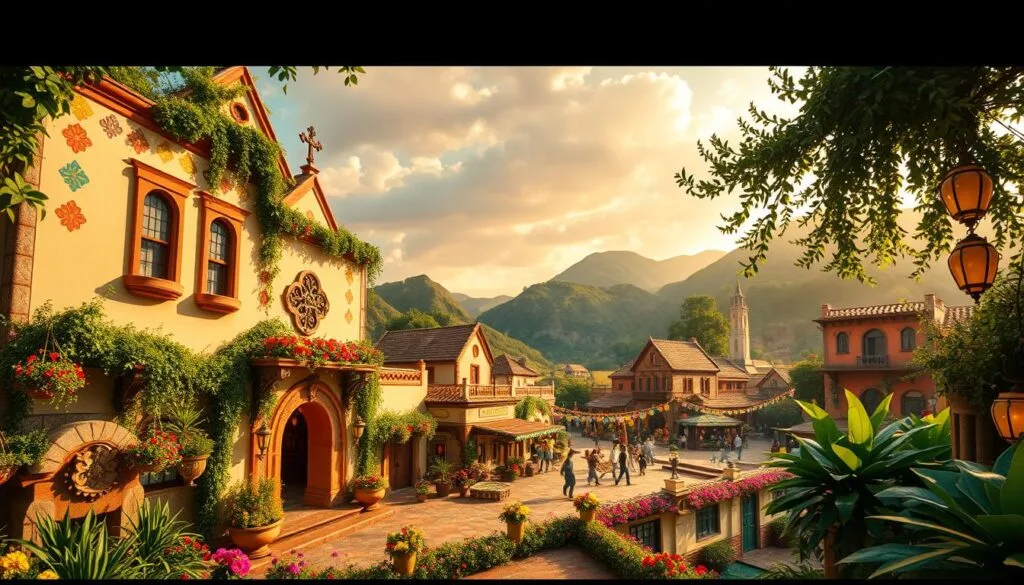 A magical realm of whimsy and charm, where vibrant colors and fantastical characters come to life. In the foreground, a grand hacienda adorned with intricate tile work, lush flora, and a welcoming archway. Mid-ground, a lively town square bustling with festive decorations, musicians, and joyful villagers. In the background, verdant mountains and a lush, dreamlike sky bathed in warm, golden light. Soft, diffused lighting casts a romantic, cinematic glow. Captured through a wide-angle lens, the scene conveys a sense of immersive wonder and enchantment, inviting the viewer to step into this captivating world of Encanto. A magical realm of whimsy and charm, where vibrant colors and fantastical characters come to life. In the foreground, a grand hacienda adorned with intricate tile work, lush flora, and a welcoming archway. Mid-ground, a lively town square bustling with festive decorations, musicians, and joyful villagers. In the background, verdant mountains and a lush, dreamlike sky bathed in warm, golden light. Soft, diffused lighting casts a romantic, cinematic glow. Captured through a wide-angle lens, the scene conveys a sense of immersive wonder and enchantment, inviting the viewer to step into this captivating world of Encanto.