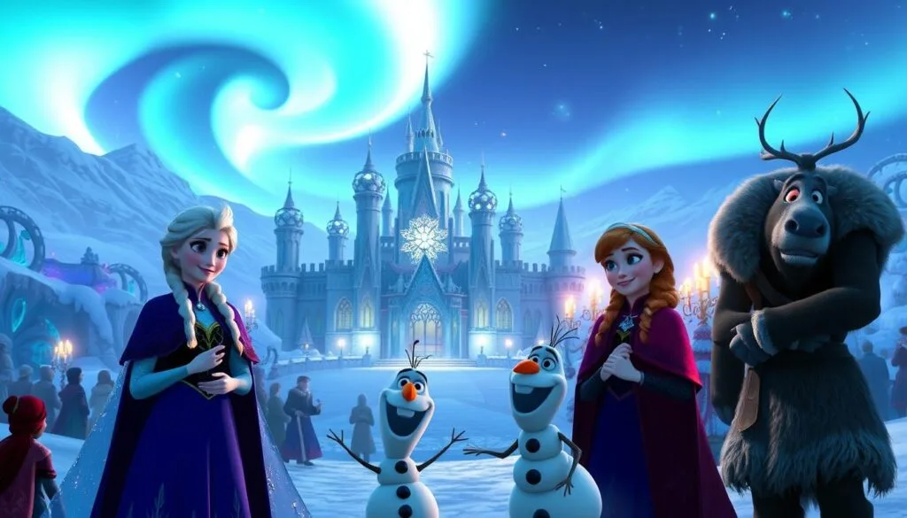 A magical winter wonderland of Frozen characters gathered for a special occasion. In the foreground, Elsa, Anna, Olaf, and Kristoff stand together, dressed in elegant, bejeweled costumes. Their expressions convey joy and anticipation. The middle ground features an ornate ice palace, its intricate architecture sparkling under soft, warm lighting. In the background, a stunning aurora borealis dances across the night sky, casting a serene, ethereal glow over the scene. The overall atmosphere is one of enchantment, celebration, and the enduring bonds of family and friendship.