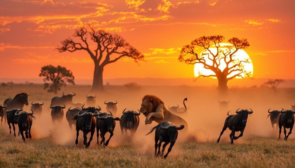 A majestic African savanna, bathed in warm golden light, with a herd of galloping wildebeests kicking up clouds of dust in the foreground. In the middle ground, a fearsome lion pounces, its powerful muscles rippling as it tackles its prey. In the background, a towering baobab tree silhouetted against a vibrant, fiery sunset sky. The scene is filled with a sense of raw, primal energy and the thrill of the hunt, capturing the essence of the wild, untamed beauty of the African wilderness.