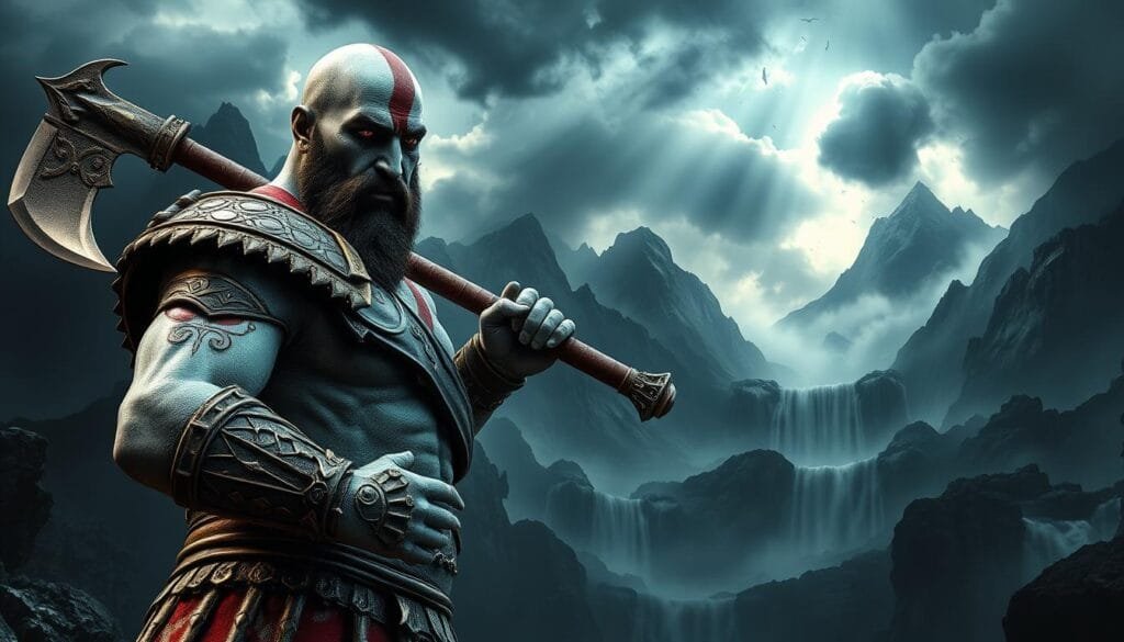 A majestic God of War figure, rendered in a stunning AI-generated artistic style. The foreground features the iconic warrior, clad in intricate battle armor, wielding his legendary Leviathan Axe with a fierce and determined expression. The middle ground showcases a dramatic, storm-swept landscape with towering mountains and cascading waterfalls, evoking the epic, larger-than-life scale of the God of War universe. The background is shrouded in an ominous, moody atmosphere, with swirling clouds and shafts of dramatic lighting illuminating the scene. The overall composition conveys a sense of power, grandeur, and the otherworldly, divine nature of the God of War character. A majestic God of War figure, rendered in a stunning AI-generated artistic style. The foreground features the iconic warrior, clad in intricate battle armor, wielding his legendary Leviathan Axe with a fierce and determined expression. The middle ground showcases a dramatic, storm-swept landscape with towering mountains and cascading waterfalls, evoking the epic, larger-than-life scale of the God of War universe. The background is shrouded in an ominous, moody atmosphere, with swirling clouds and shafts of dramatic lighting illuminating the scene. The overall composition conveys a sense of power, grandeur, and the otherworldly, divine nature of the God of War character.