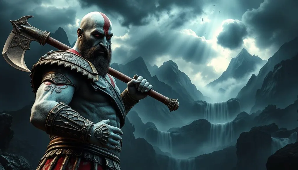 A majestic God of War figure, rendered in a stunning AI-generated artistic style. The foreground features the iconic warrior, clad in intricate battle armor, wielding his legendary Leviathan Axe with a fierce and determined expression. The middle ground showcases a dramatic, storm-swept landscape with towering mountains and cascading waterfalls, evoking the epic, larger-than-life scale of the God of War universe. The background is shrouded in an ominous, moody atmosphere, with swirling clouds and shafts of dramatic lighting illuminating the scene. The overall composition conveys a sense of power, grandeur, and the otherworldly, divine nature of the God of War character.