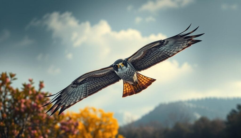 A majestic Peregrine Falcon soaring gracefully through the skies in four distinct seasons: vibrant spring blossoms, lush summer foliage, golden autumn leaves, and pristine winter snow. Dramatic lighting accentuates the falcon's powerful form and keen gaze, as it effortlessly navigates the changing environments. Capture the falcon's dynamic movement and natural beauty in a cinematic, wide-angle composition that seamlessly blends the foreground, middle ground, and distant landscapes. Convey a sense of awe and wonder at the falcon's adaptability and mastery of its domain, with a moody, atmospheric ambiance that evokes the essence of each seasonal transition.