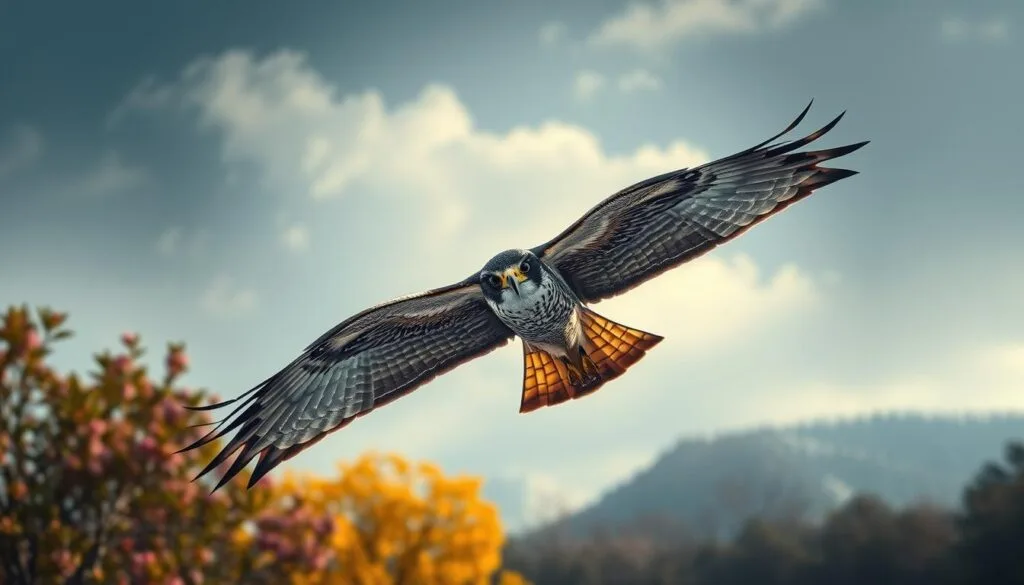 A majestic Peregrine Falcon soaring gracefully through the skies in four distinct seasons: vibrant spring blossoms, lush summer foliage, golden autumn leaves, and pristine winter snow. Dramatic lighting accentuates the falcon's powerful form and keen gaze, as it effortlessly navigates the changing environments. Capture the falcon's dynamic movement and natural beauty in a cinematic, wide-angle composition that seamlessly blends the foreground, middle ground, and distant landscapes. Convey a sense of awe and wonder at the falcon's adaptability and mastery of its domain, with a moody, atmospheric ambiance that evokes the essence of each seasonal transition. A majestic Peregrine Falcon soaring gracefully through the skies in four distinct seasons: vibrant spring blossoms, lush summer foliage, golden autumn leaves, and pristine winter snow. Dramatic lighting accentuates the falcon's powerful form and keen gaze, as it effortlessly navigates the changing environments. Capture the falcon's dynamic movement and natural beauty in a cinematic, wide-angle composition that seamlessly blends the foreground, middle ground, and distant landscapes. Convey a sense of awe and wonder at the falcon's adaptability and mastery of its domain, with a moody, atmospheric ambiance that evokes the essence of each seasonal transition.
