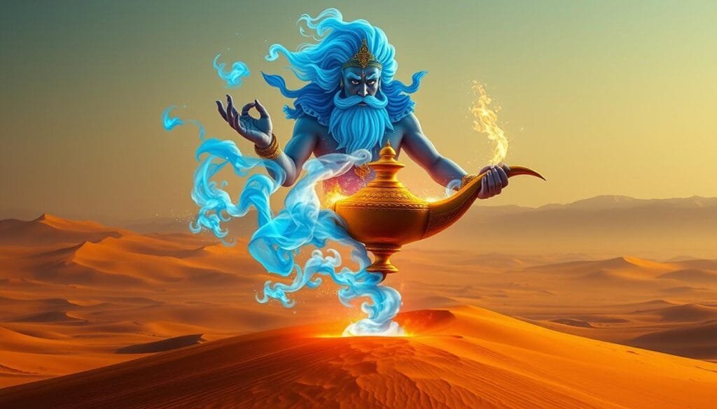A majestic and mystical Genie materializing from a golden oil lamp, towering over a desert landscape. His form is wisps of blue smoke and ethereal energy, exuding a commanding presence. Fiery embers and glowing motes of light dance around him, as if imbued with ancient sorcery. The Genie's face is wise and benevolent, with a regal expression that hints at immense power and knowledge. The arid dunes stretch out behind him, a vast expanse of ochre and rust-colored sands under a clear, cloudless sky. Warm, diffused lighting bathes the scene, creating deep shadows and highlights that accentuate the Genie's otherworldly form.
