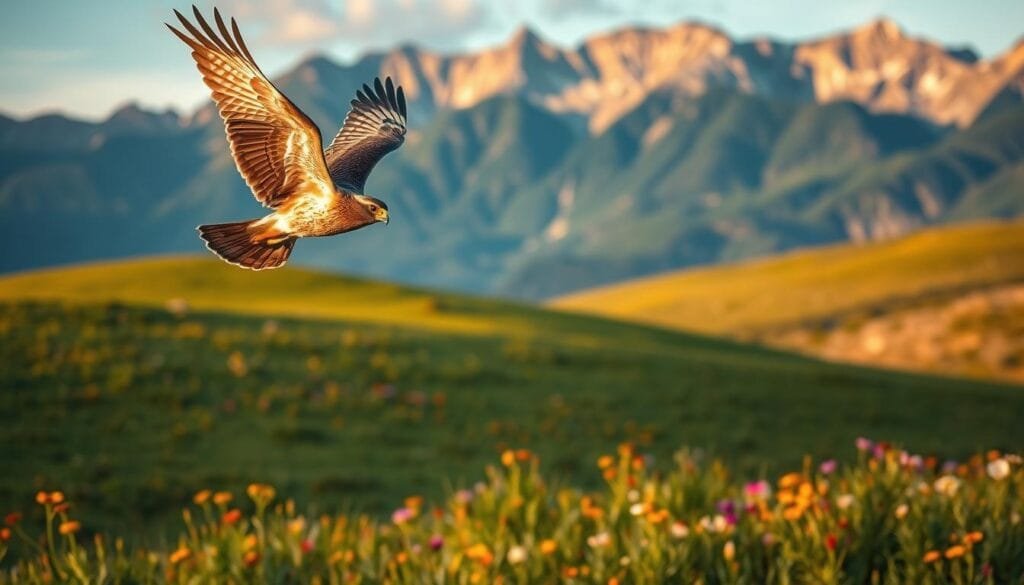 A majestic falcon soaring gracefully over a lush, verdant landscape. In the foreground, the bird's powerful wings are outstretched, its keen eyes scanning the horizon for prey. The middle ground features a rolling meadow dotted with vibrant wildflowers, while the background showcases a towering mountain range bathed in warm, golden light. The scene is imbued with a sense of tranquility and natural harmony, capturing the falcon's seamless integration with its native habitat. Captured with a wide-angle lens and natural lighting, this image conveys the awe-inspiring beauty and serenity of the falcon in its natural environment.