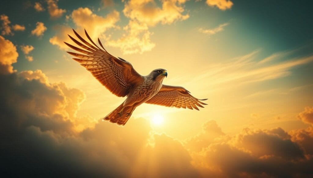 A majestic falcon soaring through the sky, its wings outstretched against a backdrop of vibrant clouds and a golden sunset. The falcon's feathers glisten with intricate details, capturing the essence of its power and grace. The scene is bathed in warm, soft lighting, creating a captivating and awe-inspiring atmosphere. The camera angle is positioned slightly below the falcon, giving the viewer a sense of awe and wonder. The composition is balanced, with the falcon occupying the center of the frame, surrounded by the natural beauty of the environment. This image perfectly encapsulates the fascinatin g world of AI-generated falcon imagery.