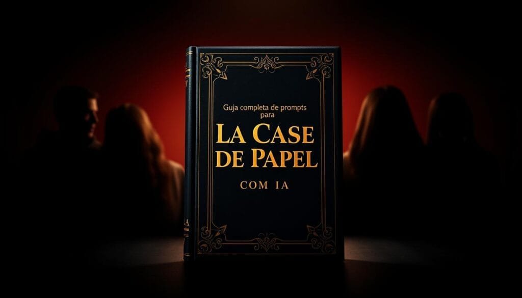 A majestic, hardcover book cover with a golden title "Guía completa de prompts para La Casa de Papel con IA" against a dark, moody background. The book is positioned in the center, with a vivid, cinematic lighting that casts dramatic shadows. The background features silhouettes of the iconic characters from the show, their faces obscured in the shadows. The overall atmosphere evokes the suspenseful and captivating nature of the popular TV series. A high-quality, professional-looking book design that would seamlessly fit the theme and subject of the article.
