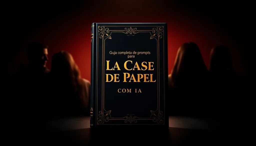 A majestic, hardcover book cover with a golden title "Guía completa de prompts para La Casa de Papel con IA" against a dark, moody background. The book is positioned in the center, with a vivid, cinematic lighting that casts dramatic shadows. The background features silhouettes of the iconic characters from the show, their faces obscured in the shadows. The overall atmosphere evokes the suspenseful and captivating nature of the popular TV series. A high-quality, professional-looking book design that would seamlessly fit the theme and subject of the article. A majestic, hardcover book cover with a golden title "Guía completa de prompts para La Casa de Papel con IA" against a dark, moody background. The book is positioned in the center, with a vivid, cinematic lighting that casts dramatic shadows. The background features silhouettes of the iconic characters from the show, their faces obscured in the shadows. The overall atmosphere evokes the suspenseful and captivating nature of the popular TV series. A high-quality, professional-looking book design that would seamlessly fit the theme and subject of the article.