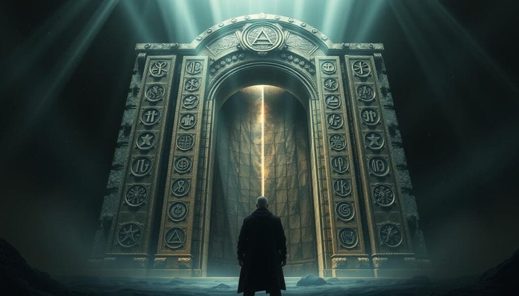 A massive stone gateway, its surface etched with intricate alchemical symbols, stands imposingly against a vast, ethereal backdrop. Shafts of ethereal light pierce through the inky blackness, casting an otherworldly glow upon the doorway. The gateway's carved facade is weathered and ancient, hinting at the unfathomable mysteries it conceals. In the foreground, a solitary figure, cloaked in shadow, contemplates the towering portal, their expression filled with a sense of wonder and trepidation. The entire scene radiates a profound, philosophical atmosphere, evoking the sense of a gateway to a realm of profound truth and universal understanding.