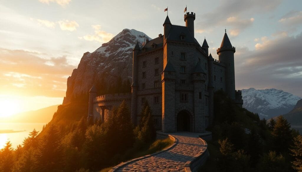 A medieval castle perched atop a rugged, snow-capped mountain, its towering stone walls and turrets silhouetted against a golden sunset sky. The castle's moat is filled with still, reflective waters, mirroring the majestic structure. In the foreground, a cobblestone path winds through a lush, verdant forest, leading towards the castle's imposing arched entrance. Ambient lighting casts dramatic shadows, adding depth and mystery to the scene. The overall atmosphere evokes a sense of timeless, fairy-tale wonder, befitting the enchanting world of "La Bella y la Bestia".
