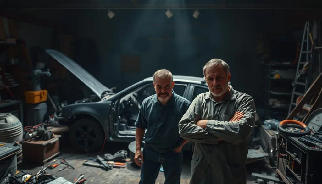 A messy car workshop, with tools and parts scattered around. In the foreground, a frustrated mechanic stands next to a partially disassembled car, their expression one of confusion and exasperation. The background is dimly lit, with shadows casting an ominous mood. The lighting is harsh, creating harsh shadows and highlights that accentuate the chaotic scene. The camera angle is slightly low, giving a sense of the mechanic's towering frustration. The overall atmosphere conveys the common mistakes and challenges faced when attempting to create photorealistic images of cars using AI-powered tools. A messy car workshop, with tools and parts scattered around. In the foreground, a frustrated mechanic stands next to a partially disassembled car, their expression one of confusion and exasperation. The background is dimly lit, with shadows casting an ominous mood. The lighting is harsh, creating harsh shadows and highlights that accentuate the chaotic scene. The camera angle is slightly low, giving a sense of the mechanic's towering frustration. The overall atmosphere conveys the common mistakes and challenges faced when attempting to create photorealistic images of cars using AI-powered tools.
