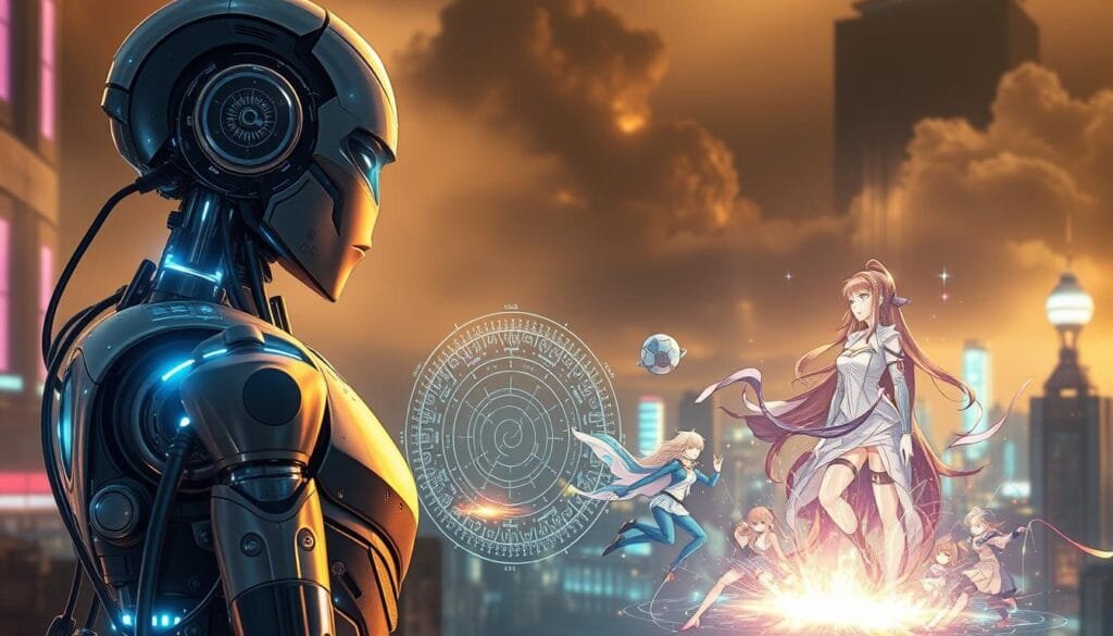 A meticulously crafted, highly detailed scene depicting the fusion of Artificial Intelligence and the captivating world of Anime. In the foreground, a hyper-realistic android with luminous circuits and gleaming metallic features stands tall, its gaze transfixed on a holographic display showcasing intricate Anime-inspired designs. The middle ground features a dynamic, kinetic composition of vibrant, fluid Anime-style characters engaged in a captivating narrative, their movements and expressions radiating with energy and emotion. The background is shrouded in a hazy, futuristic cityscape, bathed in a warm, golden glow, hinting at the integration of advanced technology and the imaginative realm of Anime. The entire scene is imbued with a sense of wonder, innovation, and the boundless possibilities that arise from the convergence of Artificial Intelligence and the captivating world of Anime. A meticulously crafted, highly detailed scene depicting the fusion of Artificial Intelligence and the captivating world of Anime. In the foreground, a hyper-realistic android with luminous circuits and gleaming metallic features stands tall, its gaze transfixed on a holographic display showcasing intricate Anime-inspired designs. The middle ground features a dynamic, kinetic composition of vibrant, fluid Anime-style characters engaged in a captivating narrative, their movements and expressions radiating with energy and emotion. The background is shrouded in a hazy, futuristic cityscape, bathed in a warm, golden glow, hinting at the integration of advanced technology and the imaginative realm of Anime. The entire scene is imbued with a sense of wonder, innovation, and the boundless possibilities that arise from the convergence of Artificial Intelligence and the captivating world of Anime.
