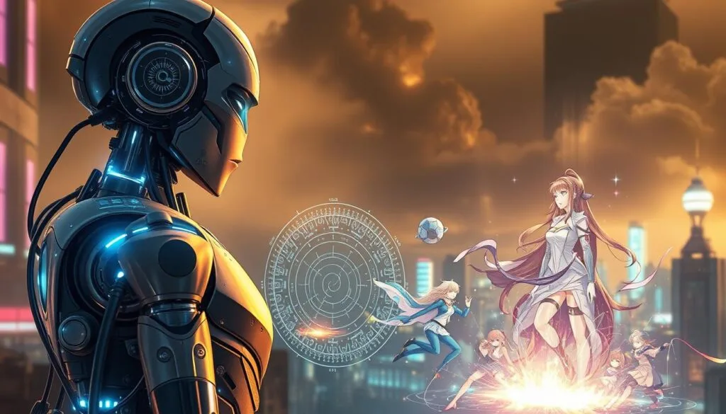 A meticulously crafted, highly detailed scene depicting the fusion of Artificial Intelligence and the captivating world of Anime. In the foreground, a hyper-realistic android with luminous circuits and gleaming metallic features stands tall, its gaze transfixed on a holographic display showcasing intricate Anime-inspired designs. The middle ground features a dynamic, kinetic composition of vibrant, fluid Anime-style characters engaged in a captivating narrative, their movements and expressions radiating with energy and emotion. The background is shrouded in a hazy, futuristic cityscape, bathed in a warm, golden glow, hinting at the integration of advanced technology and the imaginative realm of Anime. The entire scene is imbued with a sense of wonder, innovation, and the boundless possibilities that arise from the convergence of Artificial Intelligence and the captivating world of Anime.