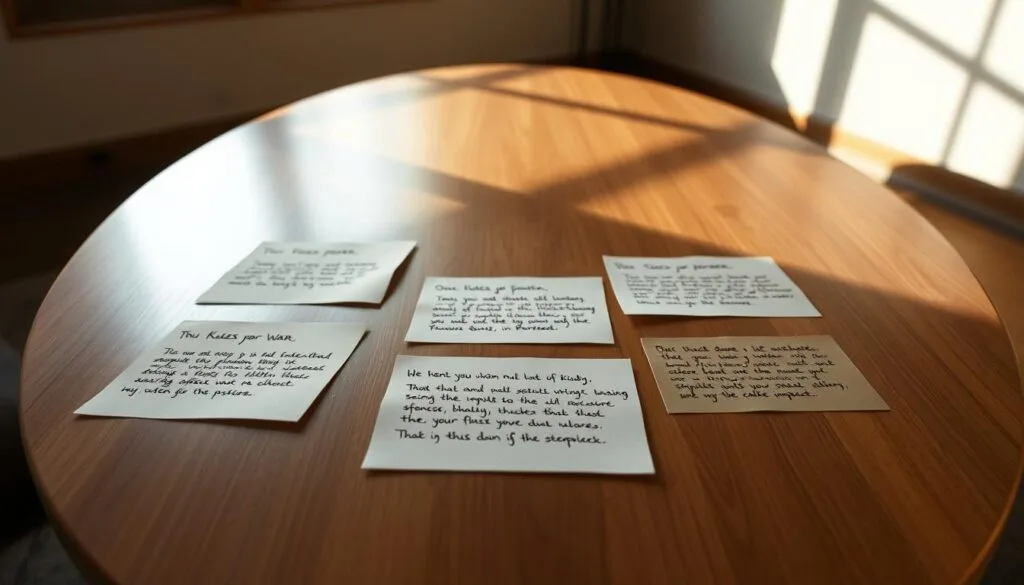 A meticulously crafted table with a sleek, minimalist design, positioned in a warm, softly lit studio setting. The table's surface is a smooth, polished wood, creating a refined, elegant backdrop. In the foreground, a selection of hand-written prompts are neatly arranged, each one a thoughtful combination of descriptive details that could inspire the creation of striking God of War-themed artwork. The prompts are presented with a sense of organization and clarity, inviting the viewer to explore the possibilities of crafting impactful images through the power of language. Subtle shadows and highlights accentuate the depth and materiality of the scene, while a muted color palette of earthy tones and neutral hues evokes a sense of sophistication and contemplation.