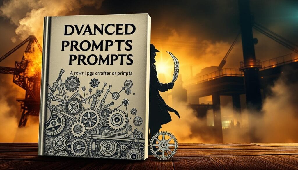 A meticulously designed book cover featuring an intricate, hand-drawn illustration of "Advanced Prompts for Prompts" against a dramatic, moody backdrop. The foreground showcases a complex maze of gears, cogs, and mechanical elements, symbolizing the sophisticated techniques of prompt engineering. The middle ground depicts a mysterious, shadowy figure wielding a quill, representing the art of crafting powerful prompts. The background is shrouded in an atmospheric haze, with a dimly lit, industrial cityscape visible in the distance, evoking a sense of depth and mystery. The lighting is a mix of warm, golden tones and cool, bluish hues, creating a visually striking and cinematic effect. The overall composition and attention to detail convey the advanced, technical nature of the subject matter.