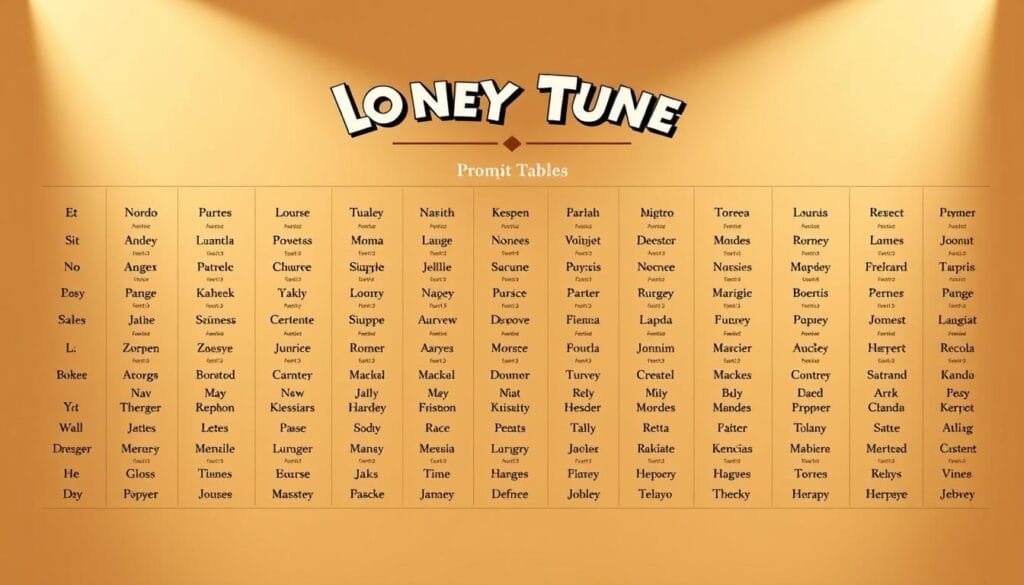 A meticulously detailed, large-format digital illustration of a comprehensive "master prompt table" for generating images of all the beloved Looney Tunes characters. The table is presented in a formal, organized manner, with each character's name prominently displayed in an elegant, vintage-inspired font. The table's surface has a smooth, matte finish, creating a high-quality, professional appearance. The background features a warm, sepia-toned color palette, evoking the classic, timeless essence of the Looney Tunes universe. Soft, directional lighting casts subtle shadows, adding depth and dimension to the composition. The overall mood is one of authority, expertise, and a reverence for the iconic Looney Tunes cast of characters.
