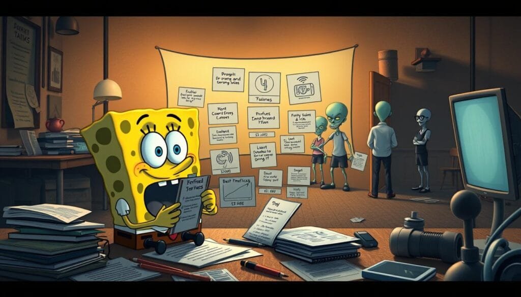 A meticulously rendered scene of Bob Spongebob Squarepants engaged in a series of refined, technical techniques to perfect his prompts for AI image generation. The foreground features Spongebob intently studying a tablet displaying various prompt templates and best practices, surrounded by scattered notes and reference materials. The middle ground showcases Spongebob experimenting with different poses, camera angles, and lighting setups to capture the ideal image. The background depicts Bikini Bottom in a muted, professional tone, with subtle hints of Patrick, Squidward, and other characters observing Spongebob's meticulous process. The scene is bathed in a warm, focused lighting that enhances the mood of thoughtful concentration and refinement. A cinematic, documentary-style composition that captures the essence of the "Consejos avanzados para perfeccionar tus prompts de Bob Esponja" section.