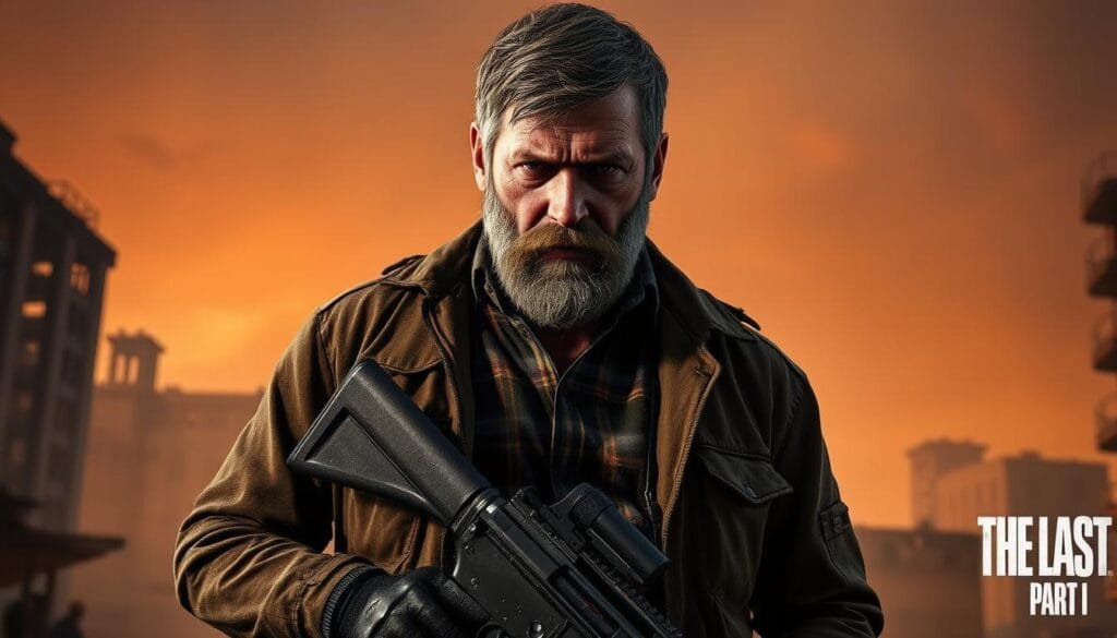 A middle-aged man with a rugged, weathered face and a thick beard stands in the foreground, his eyes narrowed with determination. He wears a worn leather jacket, a flannel shirt, and cargo pants, his hands gripping a sturdy rifle. The background depicts a post-apocalyptic, urban setting, with crumbling buildings and a hazy, orange-tinted sky. The lighting is dramatic, casting deep shadows and highlights across the man's features, creating a sense of intensity and foreboding. The camera angle is slightly low, emphasizing the character's imposing presence and the weight of the world around him. The overall mood is one of gritty realism, capturing the essence of the protagonist, Joel, from the critically acclaimed video game, "The Last of Us Part I."