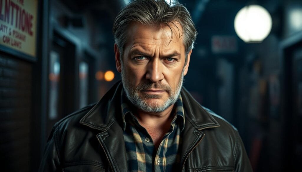 A middle-aged man with a rugged, weathered face stands in the foreground, his eyes narrowed with a hint of mischief. He has thick eyebrows, a prominent nose, and a strong jawline, giving him a distinctive, almost intimidating appearance. The man is wearing a well-worn leather jacket, a faded plaid shirt, and worn jeans, conveying a sense of hardscrabble authenticity. The lighting is dramatic, casting deep shadows and highlighting the contours of his face, creating an almost film-noir aesthetic. The background is slightly blurred, but suggests a gritty urban setting, perhaps a dimly lit alleyway or the interior of a dive bar, adding to the overall sense of moody atmosphere. The entire scene exudes a rugged, confident, and slightly rebellious character, perfectly capturing the essence of "Richie Jerimovich." A middle-aged man with a rugged, weathered face stands in the foreground, his eyes narrowed with a hint of mischief. He has thick eyebrows, a prominent nose, and a strong jawline, giving him a distinctive, almost intimidating appearance. The man is wearing a well-worn leather jacket, a faded plaid shirt, and worn jeans, conveying a sense of hardscrabble authenticity. The lighting is dramatic, casting deep shadows and highlighting the contours of his face, creating an almost film-noir aesthetic. The background is slightly blurred, but suggests a gritty urban setting, perhaps a dimly lit alleyway or the interior of a dive bar, adding to the overall sense of moody atmosphere. The entire scene exudes a rugged, confident, and slightly rebellious character, perfectly capturing the essence of "Richie Jerimovich."