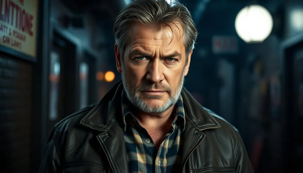 A middle-aged man with a rugged, weathered face stands in the foreground, his eyes narrowed with a hint of mischief. He has thick eyebrows, a prominent nose, and a strong jawline, giving him a distinctive, almost intimidating appearance. The man is wearing a well-worn leather jacket, a faded plaid shirt, and worn jeans, conveying a sense of hardscrabble authenticity. The lighting is dramatic, casting deep shadows and highlighting the contours of his face, creating an almost film-noir aesthetic. The background is slightly blurred, but suggests a gritty urban setting, perhaps a dimly lit alleyway or the interior of a dive bar, adding to the overall sense of moody atmosphere. The entire scene exudes a rugged, confident, and slightly rebellious character, perfectly capturing the essence of "Richie Jerimovich."