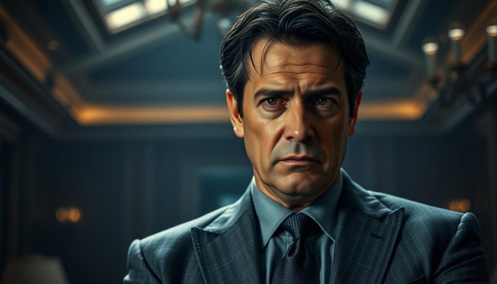 A middle-aged man with a serious, introspective expression stands in the foreground, dressed in a well-tailored gray suit. His dark hair is slightly disheveled, reflecting a sense of inner turmoil. The lighting is dramatic, casting deep shadows on his face, highlighting his piercing, weary eyes. The background is blurred, but we can make out the outlines of a lavish, high-ceiling office, hinting at the character's wealth and status. The overall atmosphere is one of subdued melancholy, suggesting the weight of Kendall Roy's personal and professional struggles.