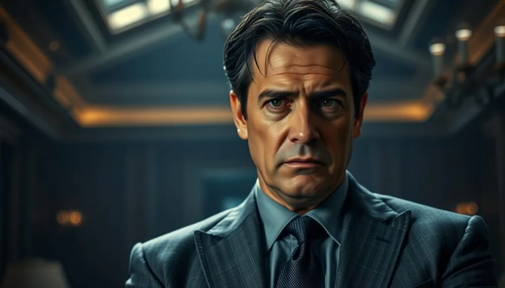 A middle-aged man with a serious, introspective expression stands in the foreground, dressed in a well-tailored gray suit. His dark hair is slightly disheveled, reflecting a sense of inner turmoil. The lighting is dramatic, casting deep shadows on his face, highlighting his piercing, weary eyes. The background is blurred, but we can make out the outlines of a lavish, high-ceiling office, hinting at the character's wealth and status. The overall atmosphere is one of subdued melancholy, suggesting the weight of Kendall Roy's personal and professional struggles. A middle-aged man with a serious, introspective expression stands in the foreground, dressed in a well-tailored gray suit. His dark hair is slightly disheveled, reflecting a sense of inner turmoil. The lighting is dramatic, casting deep shadows on his face, highlighting his piercing, weary eyes. The background is blurred, but we can make out the outlines of a lavish, high-ceiling office, hinting at the character's wealth and status. The overall atmosphere is one of subdued melancholy, suggesting the weight of Kendall Roy's personal and professional struggles.