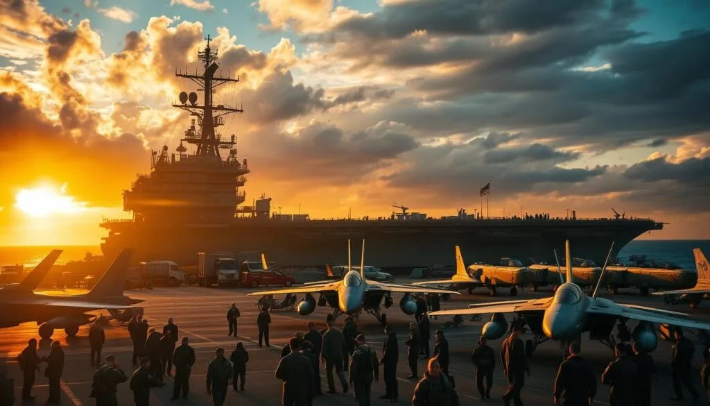 A military naval base at sunset, with a massive aircraft carrier moored in the background. The foreground is a bustling scene of personnel in flight suits and ground crew hurrying about, preparing fighter jets for takeoff. The middle ground features a control tower, hangar bays, and refueling trucks. Warm, golden light filters through the clouds, casting dramatic shadows across the scene. The atmosphere is one of anticipation and high-stakes operation, capturing the essence of the tactical, high-tech world of Top Gun Maverick.