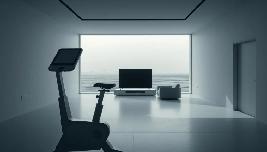 A minimalist, dystopian interior in shades of gray and white. The foreground features a stark, angular exercise bike with a sleek, monochrome display. The middle ground showcases a sparse, utilitarian living space with clean lines and a monolithic TV screen. The background depicts a bleak, concrete landscape with a hazy, overcast sky, suggesting a sense of confinement and lack of natural light. Crisp, directional lighting casts long shadows, heightening the sense of an impersonal, highly-controlled environment. The overall aesthetic evokes the sterile, depersonalized world of "Fifteen Million Merits" from the Black Mirror series.