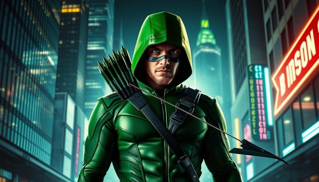 A modern Green Arrow stands tall, his sleek green suit accentuating his chiseled physique. His face is partially obscured by a high-tech mask, casting an aura of mystery. In his hand, he grips a state-of-the-art collapsible bow, the string taut and ready to unleash a barrage of precision-engineered arrows. The cityscape behind him is a blend of gleaming skyscrapers and neon-lit alleyways, creating a dynamic, futuristic backdrop. Dramatic, high-contrast lighting illuminates the scene, casting dramatic shadows and highlighting the hero's determined expression. The overall mood is one of urban vigilantism, blending classic comic book aesthetics with a contemporary, gritty edge.