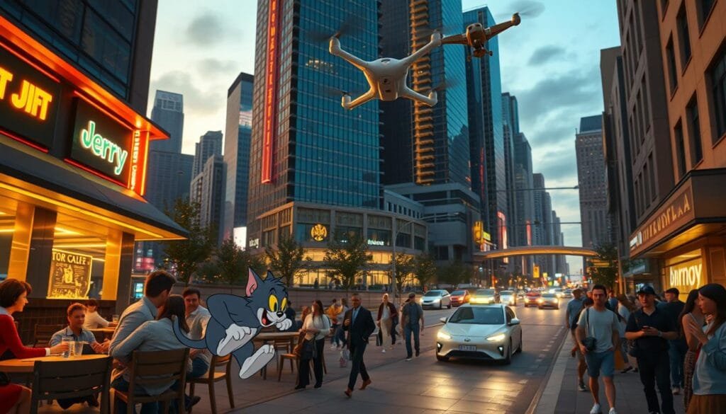A modern city street at dusk, with towering skyscrapers and neon lights. In the foreground, Tom the cat chases Jerry the mouse through a busy cafe, dodging patrons and tables. The middle ground features a bustling sidewalk, with people walking and talking on their phones. In the background, a sleek self-driving car navigates the roads, while a drone flies overhead. The scene is bathed in a warm, golden light, creating a vibrant and dynamic atmosphere. The composition emphasizes the contrast between the traditional cat-and-mouse dynamic and the futuristic, high-tech setting.