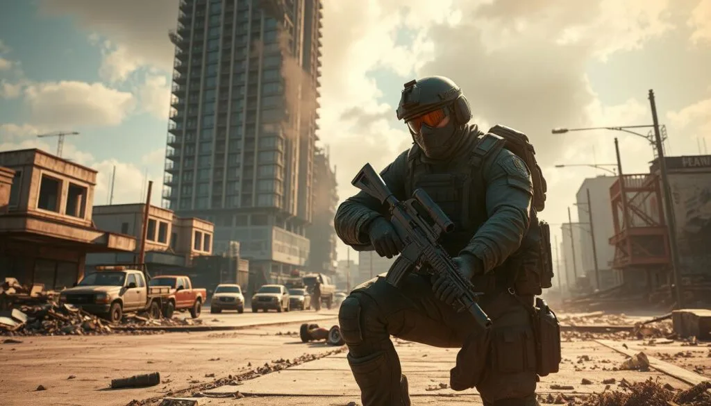 A modern military-themed scene set in a war-torn urban environment. In the foreground, a heavily armed and armored soldier, equipped with state-of-the-art tactical gear, crouches behind cover, ready to engage the enemy. The middle ground features a partially destroyed city street, with rubble, debris, and abandoned vehicles scattered throughout. In the background, a towering skyscraper stands partially collapsed, casting dramatic shadows across the scene. The lighting is a mix of warm and cool tones, creating a gritty, high-intensity atmosphere. The overall composition conveys a sense of tension, danger, and the chaos of modern warfare.