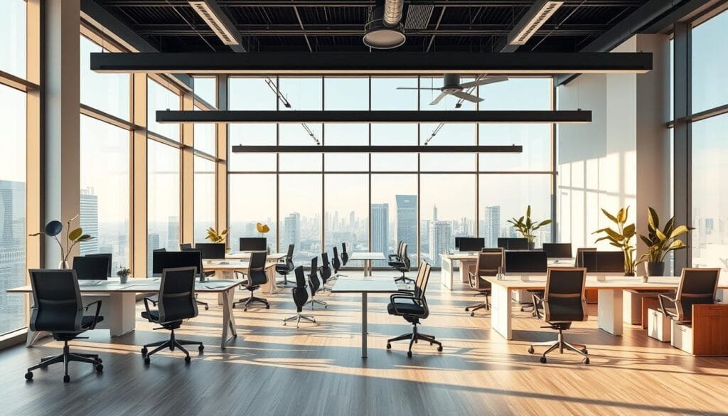 A modern, well-lit corporate office space with expansive windows overlooking a cityscape. Sleek, minimalist desks and chairs arranged in an open floor plan, creating a sense of collaborative energy. The room is filled with natural light from the panoramic views, casting a warm, inviting glow across the minimalist decor. Subtle accents of wood and metal provide a touch of sophistication, while strategically placed plants add pops of greenery to the minimalist aesthetic. The overall atmosphere is one of efficiency, professionalism, and understated elegance - a quintessential corporate environment that captures the essence of "espacios corporativos".