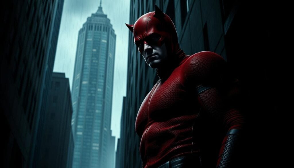 A moody, cinematic rendering of the Marvel superhero Daredevil in a classic film noir style. The antihero stands in a dimly lit alley, silhouetted against a rain-slicked backdrop of towering skyscrapers. Dramatic chiaroscuro lighting casts deep shadows, accentuating the character's angular features and intense, brooding expression. Daredevil's iconic red costume is muted, the fabric textured and weathered. The scene conveys a sense of gritty urban decay, danger, and moral ambiguity, befitting the character's complex moral universe envisioned by legendary comic book creator Frank Miller.