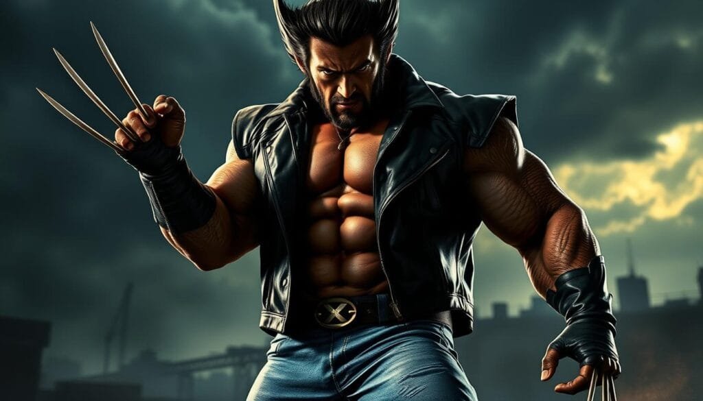 A muscular Wolverine figure, standing tall and resolute, his claws unsheathed, with a fierce expression on his rugged, weathered face. The light casts sharp shadows, highlighting the intricate details of his costume - the leather jacket, the X-Men logo, the distressed jeans. In the background, a moody, industrial setting, with hints of a cityscape and a stormy sky, creating a sense of gritty realism. The overall atmosphere is one of power, intensity, and a touch of the supernatural, capturing the essence of this iconic Marvel superhero.
