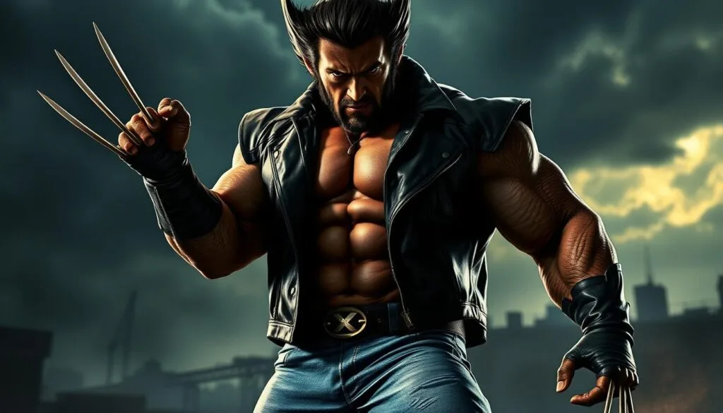 A muscular Wolverine figure, standing tall and resolute, his claws unsheathed, with a fierce expression on his rugged, weathered face. The light casts sharp shadows, highlighting the intricate details of his costume - the leather jacket, the X-Men logo, the distressed jeans. In the background, a moody, industrial setting, with hints of a cityscape and a stormy sky, creating a sense of gritty realism. The overall atmosphere is one of power, intensity, and a touch of the supernatural, capturing the essence of this iconic Marvel superhero.