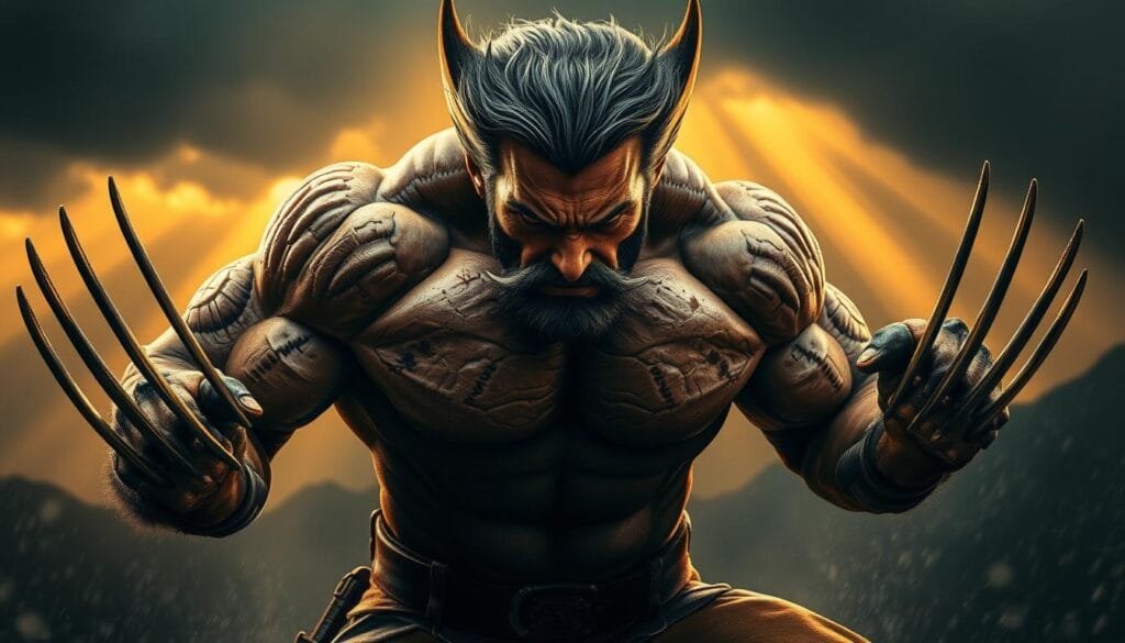 A muscular, grizzled figure stands in a dynamic pose, adamantium claws extended, eyes narrowed with fierce determination. Rays of golden light filter through a moody, storm-swept landscape, casting dramatic shadows across the hero's weathered features. Intricate details of his iconic costume and sculpted physique are rendered with meticulous precision, conveying a sense of raw power and unstoppable ferocity. The scene exudes an aura of gritty realism, captured through a cinematic wide-angle lens that emphasizes the character's imposing presence. Wolverine's legendary status and indomitable spirit are palpable, making this a striking visual representation of the mutant's unparalleled abilities.