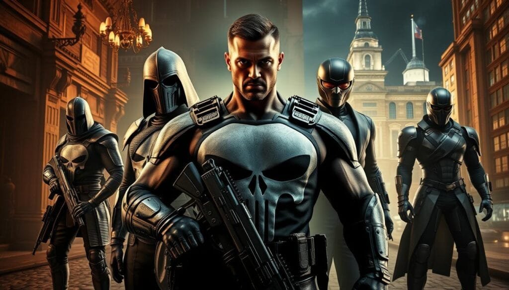 A muscular, heavily-armed Punisher in various historical attire, standing strong against a backdrop that shifts through the ages. In the foreground, his tactical combat gear gives way to medieval armor, then a Victorian-era tailored suit, and finally a futuristic exosuit. The middle ground blends warrior training grounds, cobblestone streets, and sleek cityscapes. The lighting shifts from gritty shadows to elegant chandeliers to neon-bathed cityscapes, as the Punisher's intense gaze remains unwavering. An atmospheric, cinematic composition that showcases the character's timeless, vigilante essence across eras.