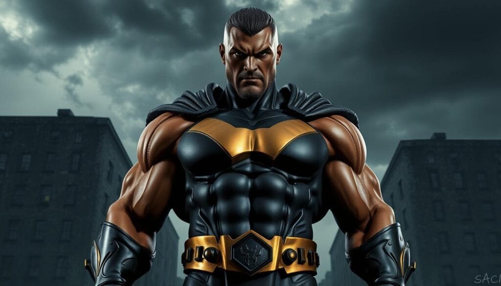 A muscular, intimidating Black Adam figure in a dramatic, realistic style. In the foreground, the superhero stands tall, his piercing gaze and stoic expression conveying power and determination. Detailed textures and intricate costume design bring the character to life. The middle ground features a dark, ominous urban setting with gritty, weathered buildings and a moody, dramatic lighting that casts deep shadows. In the background, a stormy sky with swirling clouds adds to the brooding, cinematic atmosphere. The overall composition and rendering create a sense of awe and intensity, capturing the essence of the Black Adam character.