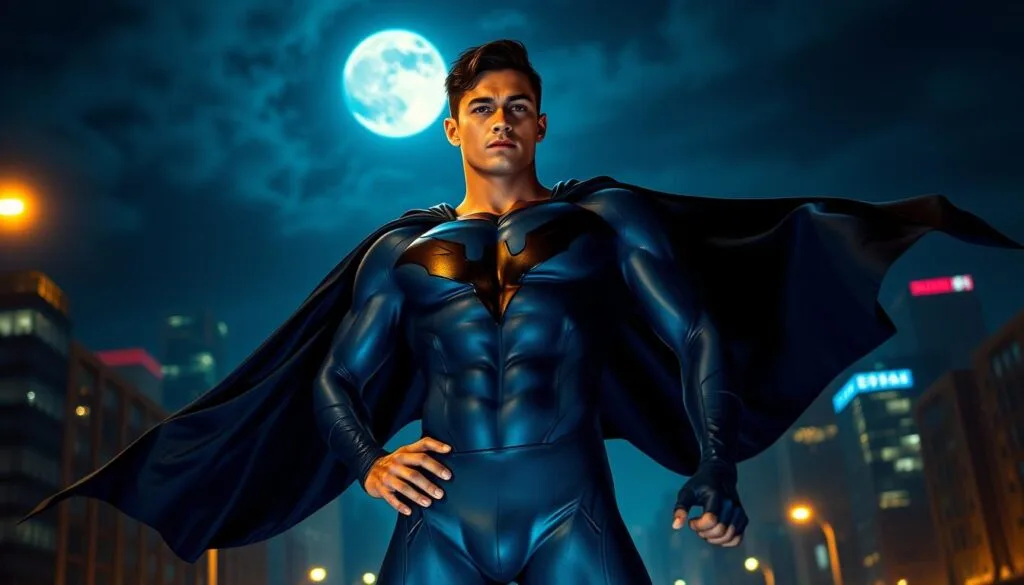 A muscular young man in a skin-tight blue costume with a stylized black bird emblem on the chest stands in a dramatic heroic pose, his cape billowing behind him. The night sky is filled with glowing city lights and a full moon, casting dramatic shadows that highlight his chiseled features and defined physique. The scene has a gritty, urban feel, with a sense of purpose and determination emanating from the character. The lighting is a mix of cool blues and warm yellows, creating a dynamic and cinematic atmosphere. The angle is slightly low, emphasizing the character's power and presence. The overall image conveys the essence of the iconic DC Comics superhero Nightwing, ready to take on the challenges of the night.