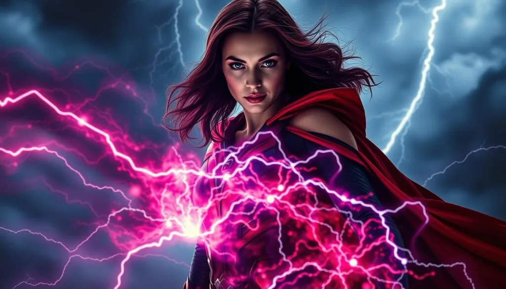 A mystical, cinematic scene of Scarlet Witch harnessing her powerful magic. In the foreground, she stands tall, her crimson cape billowing behind her, eyes glowing with otherworldly energy. Mid-ground, energy tendrils swirl and crackle, weaving an intricate pattern of scarlet and violet. In the background, a brooding, stormy sky sets the ominous mood, lightning flashing as if to echo the intensity of her abilities. Dramatic, high-contrast lighting illuminates her face, casting deep shadows that heighten the sense of power and control. Shoot with a wide-angle lens to capture the grand, cinematic scale of the scene, framing her as a dominant, awe-inspiring figure.