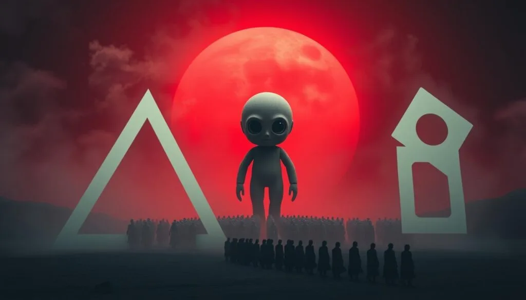 A mystical, surreal landscape featuring the iconic symbols of Squid Game. In the foreground, the eerie, omniscient circle, triangle, and square loom over a desolate, monochrome setting. The middle ground is dominated by a colossal, ominous doll with piercing eyes, surrounded by a sea of faceless, marching figures. In the background, a vast, crimson sky casts an ominous glow, as if shrouded in a perpetual, blood-red sunset. The scene is bathed in a chiaroscuro lighting, heightening the sense of dread and foreboding. The overall atmosphere is one of unsettling tension and unease, reflecting the themes and symbols of the Squid Game universe.
