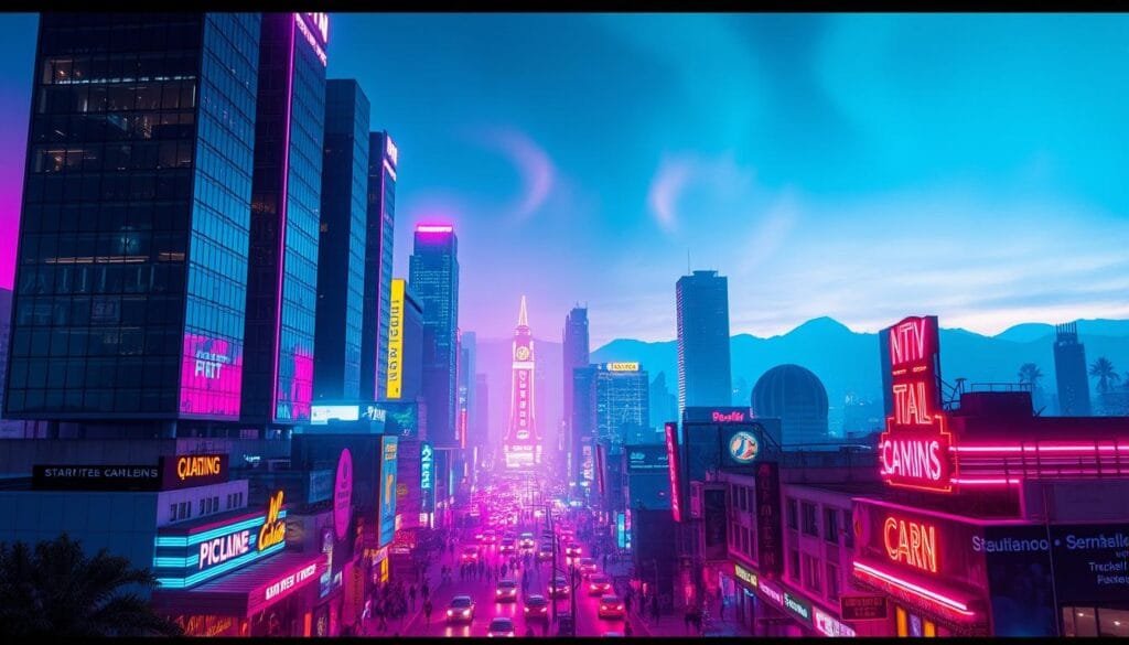A neon-drenched urban landscape at night, bathed in a vivid palette of blues, pinks, and yellows. Towering skyscrapers with sleek, angular facades reflect the vibrant light of flickering neon signs, casting an ethereal glow across the scene. In the foreground, a bustling city street filled with the pulsing energy of nightlife - glowing marquees, buzzing traffic, and pedestrians weaving through the colorful chaos. The background fades into a hazy, dreamlike skyline, with the silhouettes of mountains or hills looming in the distance. The overall mood is one of excitement, mystery, and a touch of cyberpunk-inspired wonder.