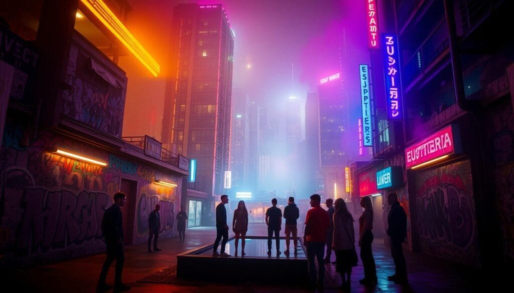 A neon-drenched, visually-striking scene from the hit TV series Euphoria. In the foreground, a group of young characters gather in a dimly-lit, graffiti-covered urban setting, illuminated by vivid neon lights and reflecting pools. The middle ground features a vibrant backdrop of towering skyscrapers, their windows glowing with warm hues. The background is shrouded in a hazy, atmospheric mist, creating a sense of depth and mystery. The lighting is moody and dramatic, casting long shadows and highlighting the characters' emotions. The camera angle is slightly elevated, giving a cinematic, voyeuristic perspective. The overall aesthetic is a stylized, hyper-real interpretation of the show's distinctive visual language.