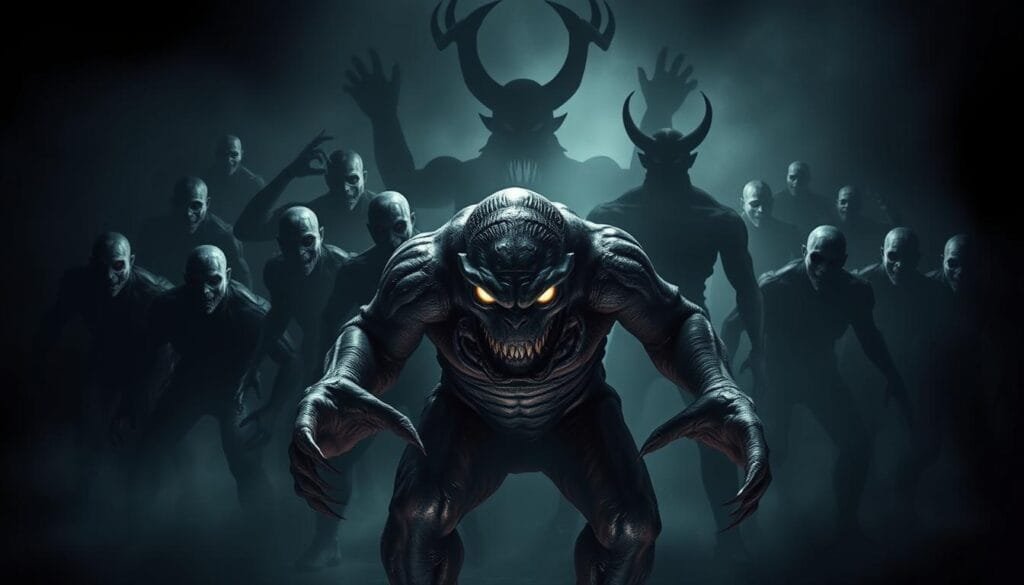 A nightmarish collection of iconic Resident Evil villains looming in a dark, ominous environment. In the foreground, a hulking, mutated creature with twisted, grotesque features and sharp claws, its eyes glowing with malevolence. Behind it, a group of sinister-looking humanoid enemies, their faces obscured by eerie masks or distorted by genetic experimentation. In the shadowy background, the silhouettes of more twisted, lurking horrors, creating a sense of dread and unease. Dramatic, high-contrast lighting casts dramatic shadows, heightening the atmosphere of terror and suspense. A Resident Evil-inspired scene that captures the essence of the franchise's memorable antagonists.