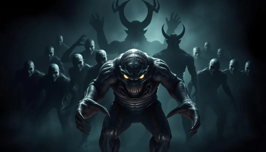 A nightmarish collection of iconic Resident Evil villains looming in a dark, ominous environment. In the foreground, a hulking, mutated creature with twisted, grotesque features and sharp claws, its eyes glowing with malevolence. Behind it, a group of sinister-looking humanoid enemies, their faces obscured by eerie masks or distorted by genetic experimentation. In the shadowy background, the silhouettes of more twisted, lurking horrors, creating a sense of dread and unease. Dramatic, high-contrast lighting casts dramatic shadows, heightening the atmosphere of terror and suspense. A Resident Evil-inspired scene that captures the essence of the franchise's memorable antagonists.