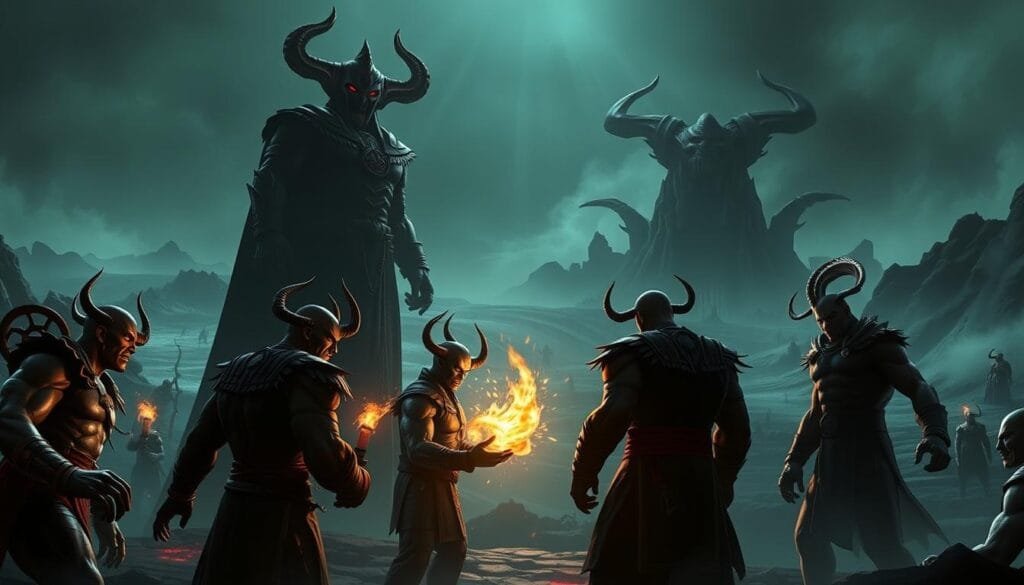 A nightmarish gathering of Outworld's most formidable villains, illuminated by an eerie, otherworldly glow. In the foreground, Shao Kahn, the merciless emperor, towers over his minions, his imposing figure casting a long, sinister shadow. Surrounding him, Quan Chi, the sorcerer, and Shang Tsung, the shape-shifting deceiver, plot their next malevolent scheme. In the background, the bleak, barren landscape of Outworld stretches out, its twisted, jagged terrain hinting at the horrors that lurk within. The atmosphere is heavy with dread, the air thick with a palpable sense of danger and foreboding. This is the domain of Outworld's most fearsome villains, a realm where only the strongest and most cunning can survive.