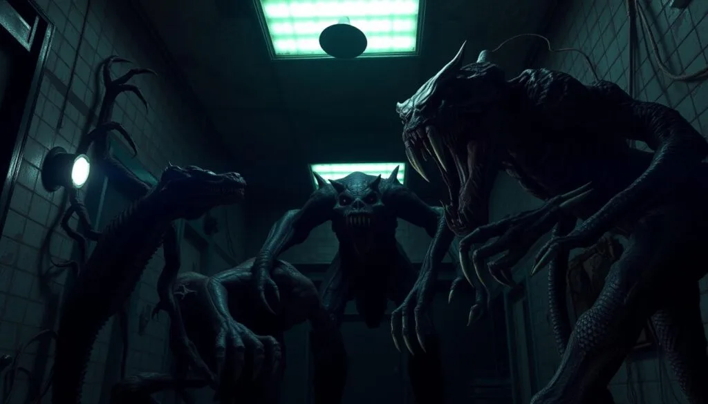 A nightmarish menagerie of Resident Evil's B.O.W. creatures, lurking in the shadows of a decaying laboratory. Mutated horrors with twisted, inhuman anatomies - a Licker scaling the walls, its razor-sharp claws poised to strike; a Tyrant looming large, its massive frame and exposed organic components radiating a sense of unstoppable power; a Hunter's reptilian form crouched and ready to pounce, jaws agape to reveal rows of jagged teeth. Bathed in an eerie, sickly green glow from flickering overhead lights, the scene exudes a palpable atmosphere of dread and unease. Cinematic angles and a moody, high-contrast lighting scheme heighten the sense of tension and danger, capturing the essence of Resident Evil's iconic B.O.W. creatures in all their nightmarish glory.
